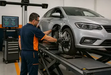 Mecânico ajustando alinhamento em um carro na borracharia em Lagarto.