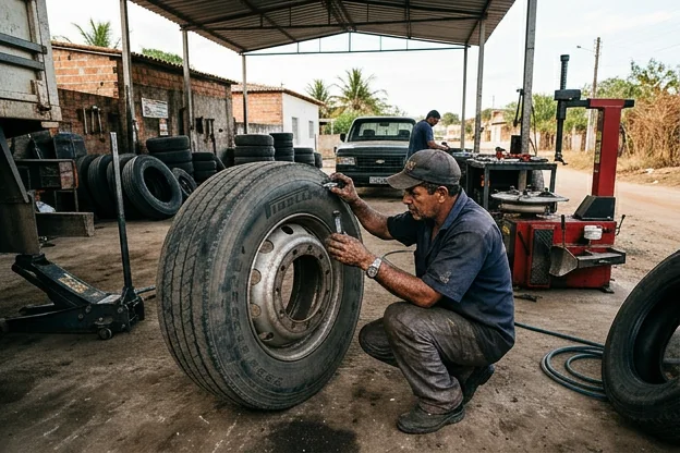 Mecânico avaliando a condição dos pneus de um carro em Lagarto.