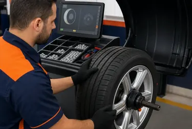 Profissional fazendo balanceamento de rodas de um carro em Lagarto.