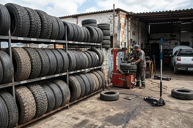 Vários tipos de pneus expostos em uma borracharia em Lagarto.